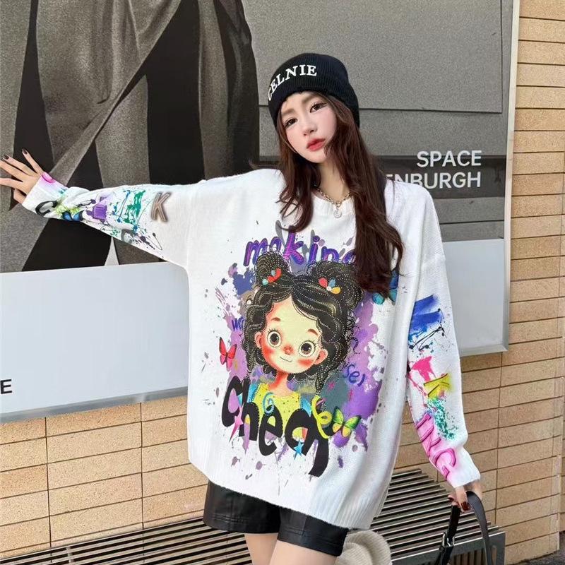 Women's Designer Knit Sweater - 2025 Autumn Collection, Loose Fit, Lazy Style, Round Neck, Long Sleeve Base Layer Top
