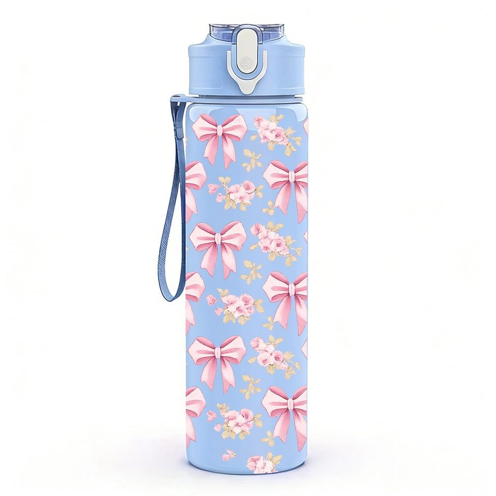 1PC Pink Bow Soft Girl Seamless Pattern Print 750ml Color Plastic Sports Water Bottle Leakproof Flip Straw Lid Suitable for Sports Office Home Use