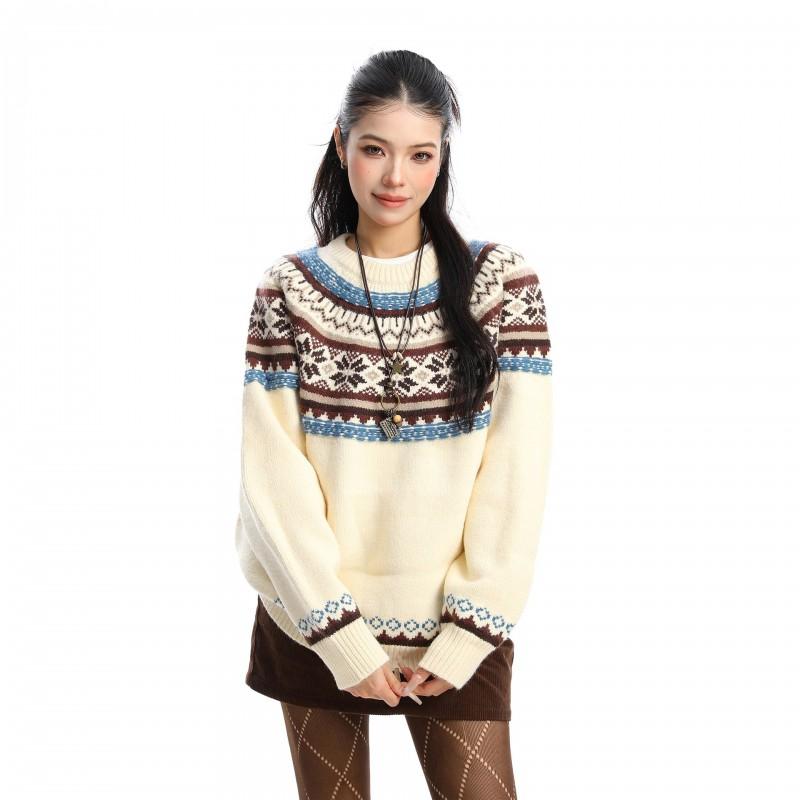 Korean Style Fair Isle Crew Neck Sweater Unisex Thick Warm Loose Knit Pullover Winter Daily Wear