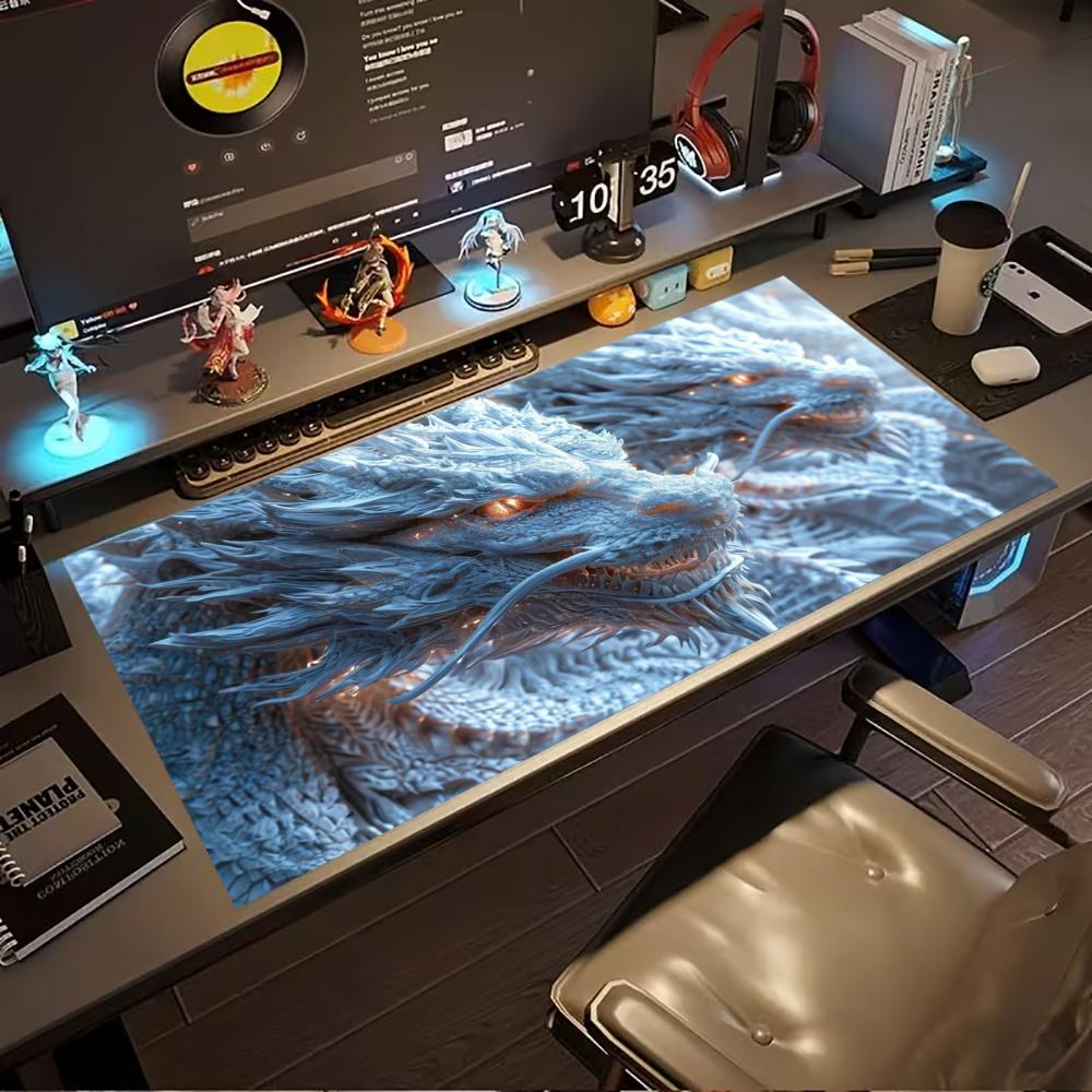 Oriental Ice Dragon Desk Mat Chinese Myth Gaming Mouse Pad Non Slip Rubber Extended Keyboard Laptop Office Workstation Pad