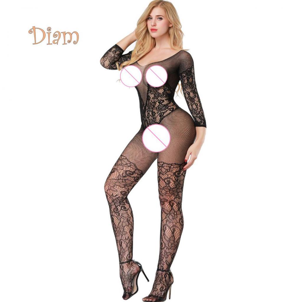 Lollipops Embroidery Hollow Mesh Crotchless Women Bodystocking Sexy See-through Bodysuit