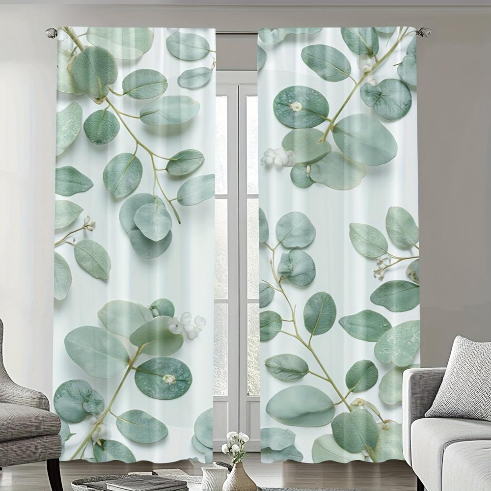 2 Pieces Green Leaf Print Curtains, Polyester Fabric, Machine Washable, Suitable For Bedroom Living Room Decoration