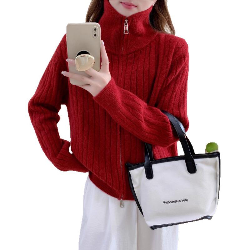 Loose lazy wind age-reducing sweater jacket women's autumn and winter new twist stand-up collar zipper fashion knitted cardigan