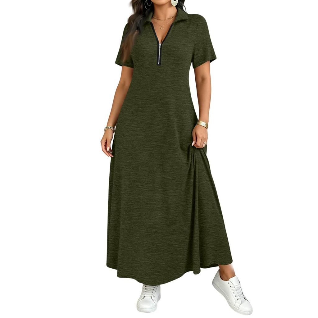 Women Short Sleeve Polo Collar Maxi Dress with Front Zipper Casual Solid Color Long Dress for Spring Summer French Style