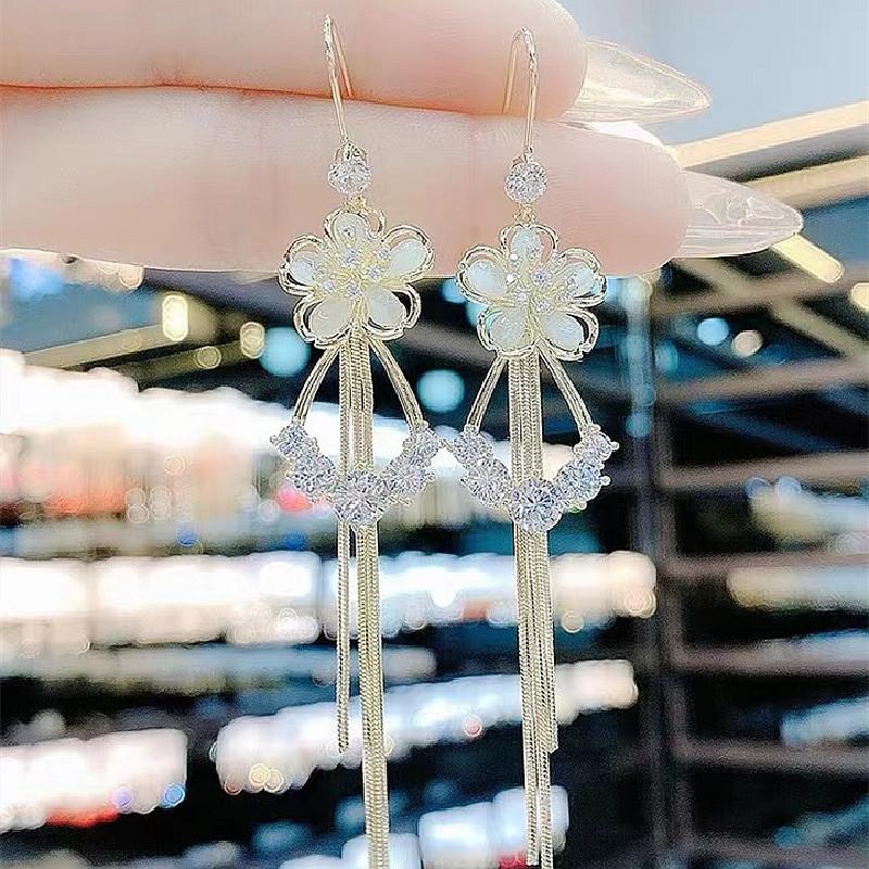Opal Flower Earrings Fashion Temperament Long Fringed Design Ear Hook Earrings Earrings Women