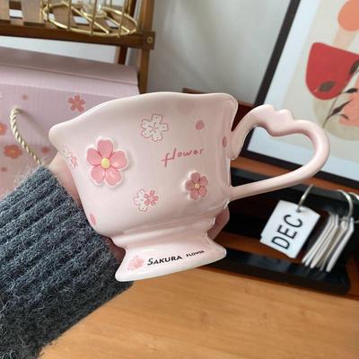 Cherry Blossom Mug & Spoon Set: Girly Ceramic Cup with Heart Design - Gift Box Included