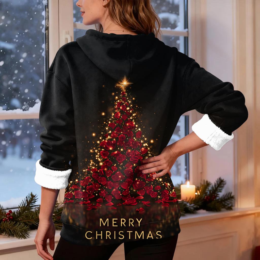 Women's Casual Fashion Plus Velvet Thickened Christmas Print Hooded Sweatshirt