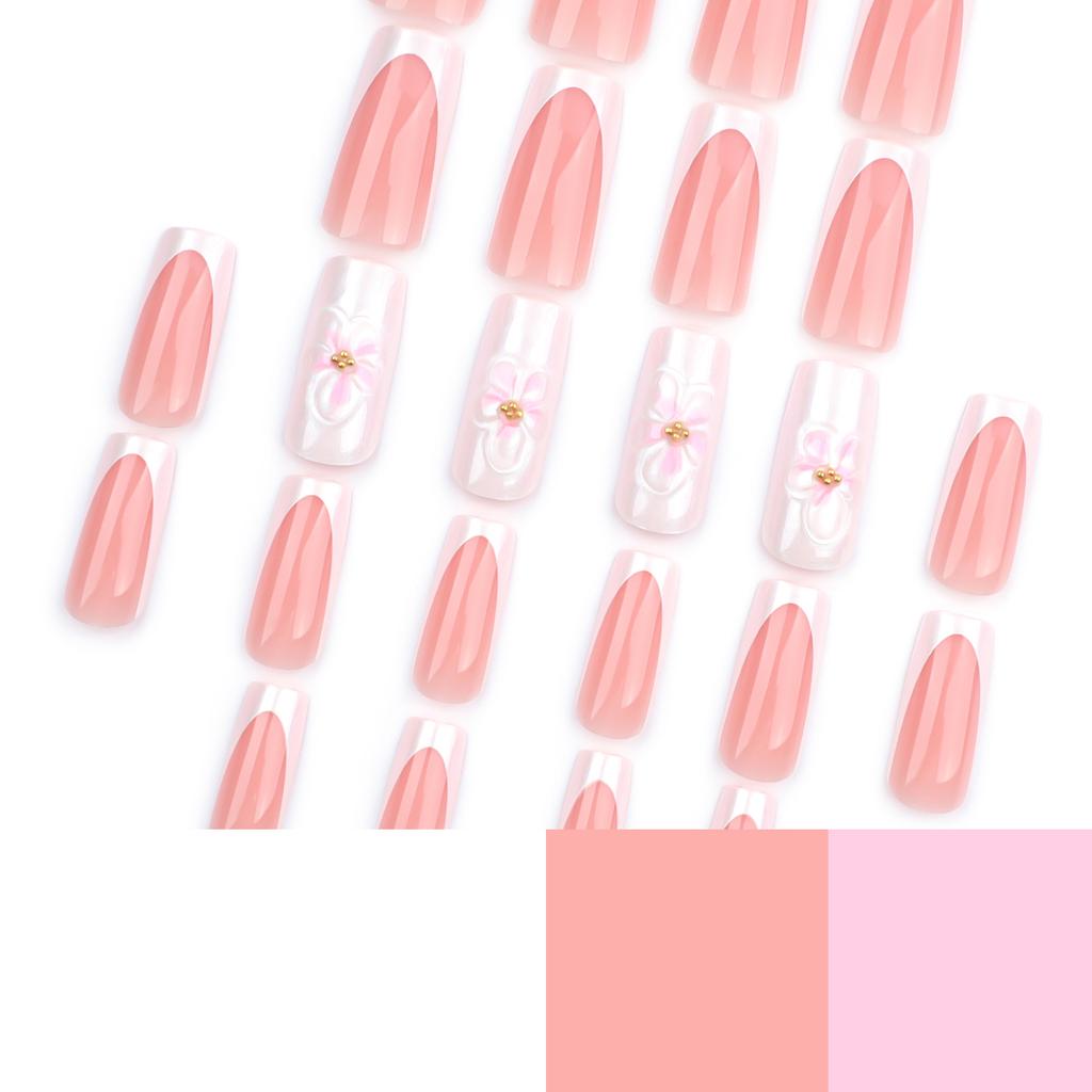 French White Wearing Nail 3D Flower Coating Nail Art Nail Pieces Hot Selling Medium and Long Square False Nails