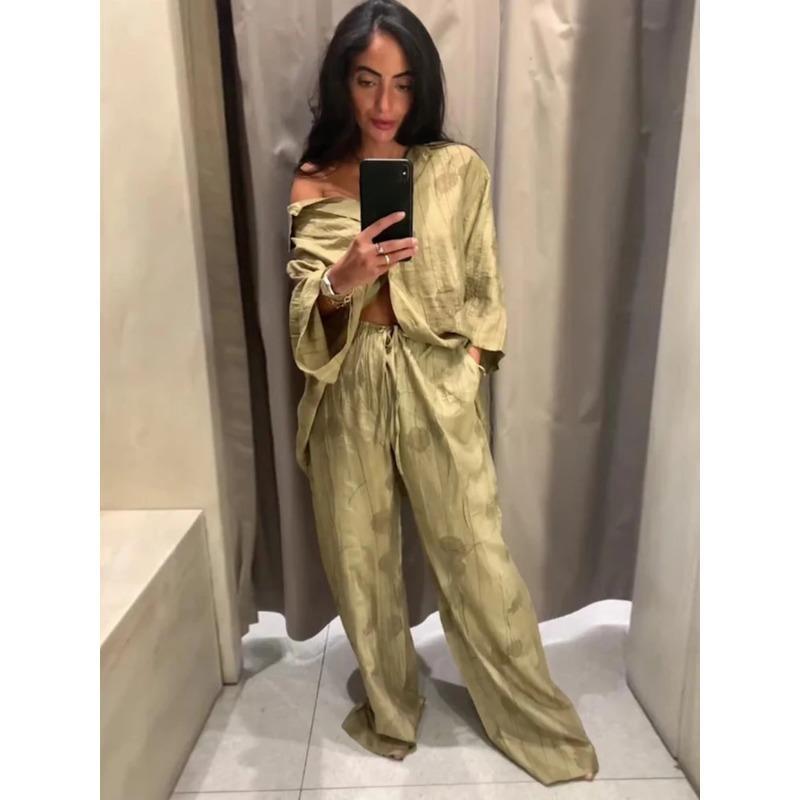 New Linen Tie-dye Print Long Pants Sets For Women Lapel Half Sleeve Single Breasted Shirts Drawstring Wide Leg Pant 2 Pieces Set