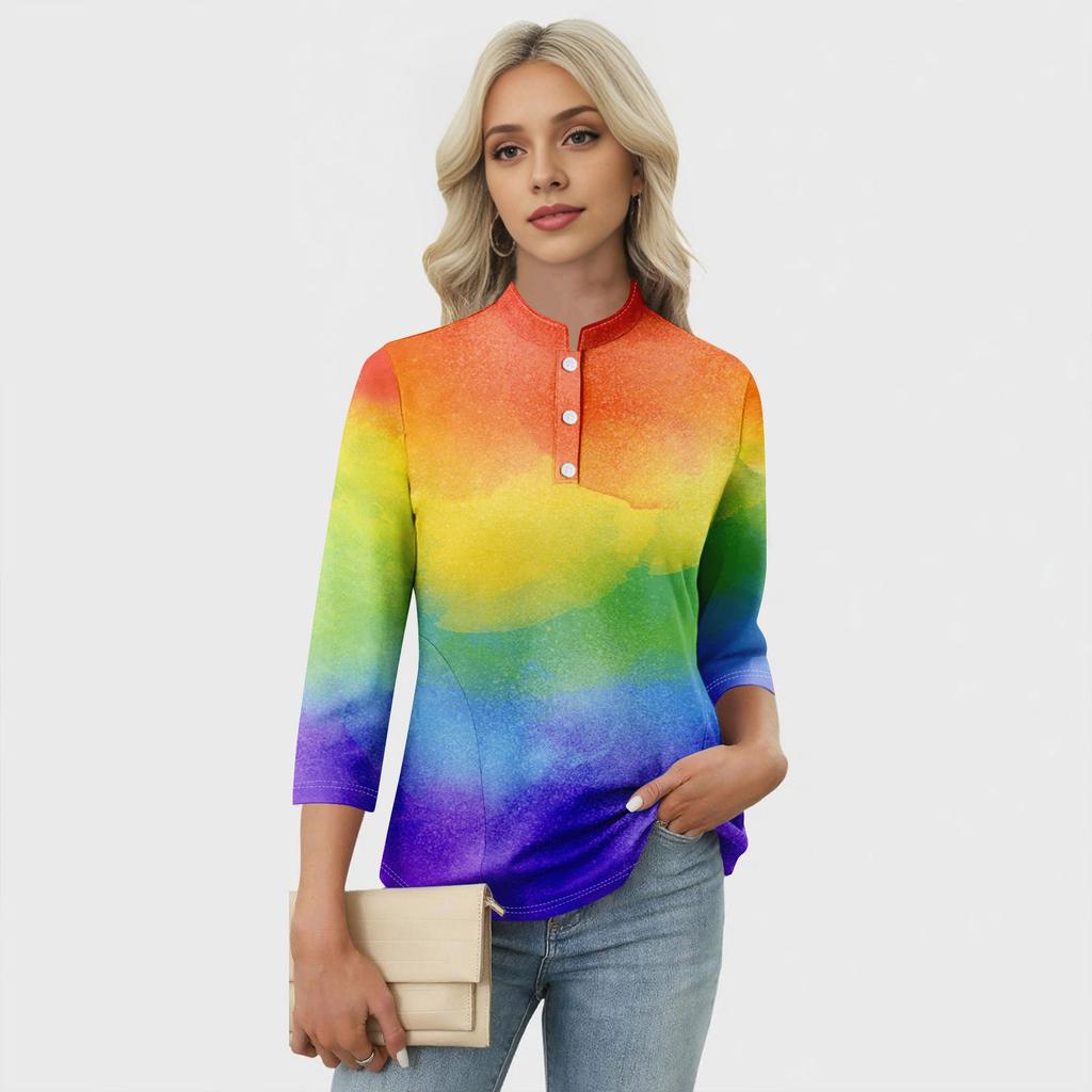 Haut T-shirt Décontracté pour Femme à Imprimé Floral, Col en V, Manches 3/4, Bouton Décoratif