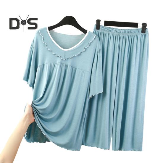 Women's Two Piece Pajamas Set Crew Neck Short Sleeve Shirts Matching Wide Leg Pants Sleepwear Set Summer Casual Loungewear