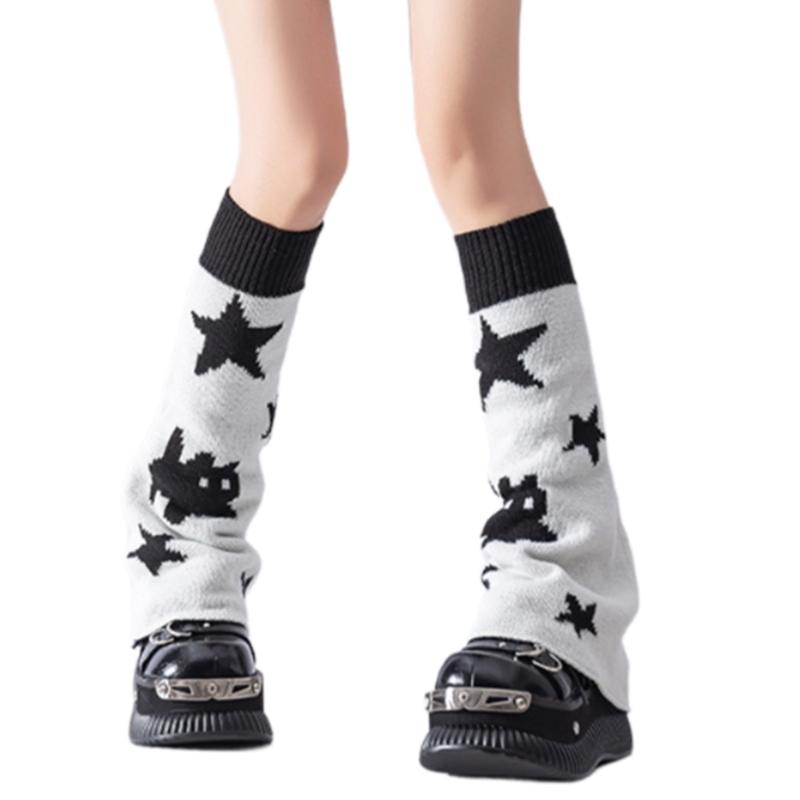 Reversible Knitted Long Tube Leg Warmers with Cute Cats Pattern for Women Punk Grunge Flared Boot Covers Footless Socks