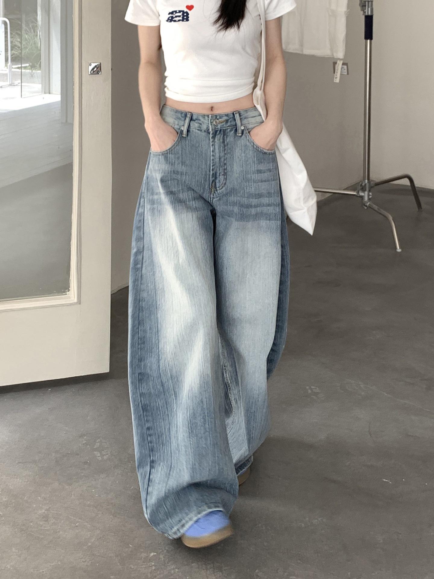 

Women s High-Waisted Retro Wide-Leg Plus Size Jeans – Slimming, Versatile, Loose-Fit Long Pants M (100-110 lbs) синий