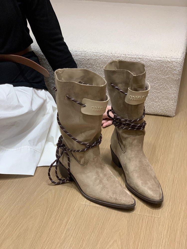 

Retro thick heel brown suede medium tube stacking boots women s 2025 new temperament thin single boots thick-soled western boots 35