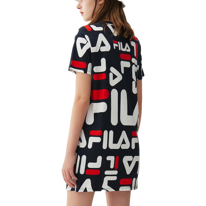 Fila Logo Print Round Neck Casual Short Sleeve Dress Women Dresses Navy-Blue F51W228199FNV