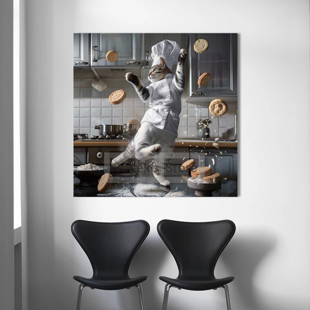Lovely Cat Baker Making Dim Sum Poster Flour Cute Kitten Prints Canvas Wall Art Pictures Home Kitchen Room Modern Pet Decor