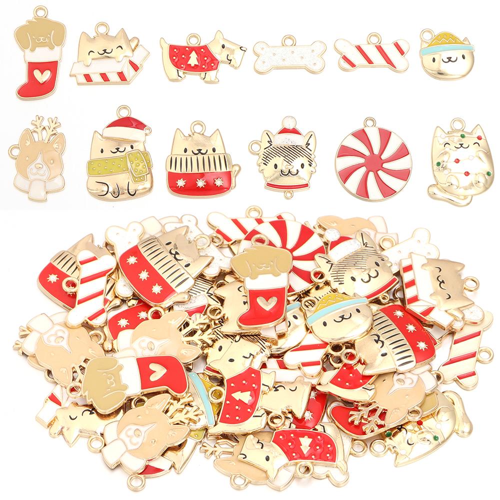 10pcs Alloy Enamel Christmas Charms Cute Xmas Pet Dog Bone Pendants For Jewelry Making DIY Earrings Necklace Gifts Accessories