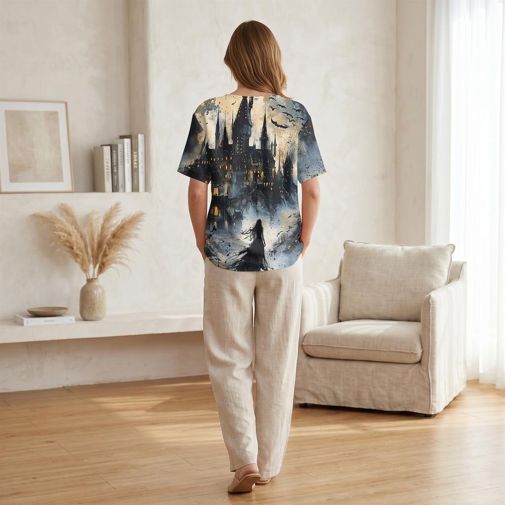 Women's Casual Short Sleeve Linen Cotton Blend Henley Shirt with Chest Pocket Halloween Themed Graphic Print