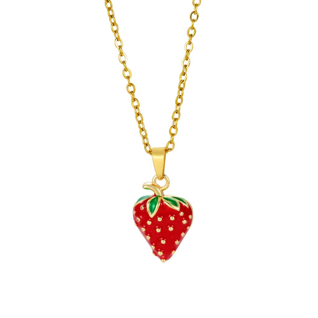 New Sweet and Cute Dripping Oil Strawberry Cherry Titanium Steel Necklace Female Simple Versatile Fruit Series Collarbone Chain