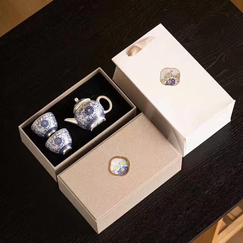 Chinese Gilded Silver Blue & White Ceramic Kung Fu Tea Set