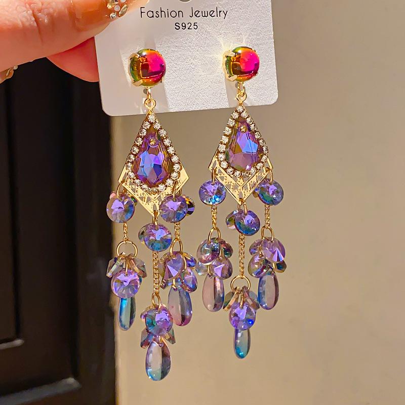 Retro Silver Needle Zircon Glass Water Drop Earrings Court Temperament Stud Earrings Personality Trend Versatile Earrings Women