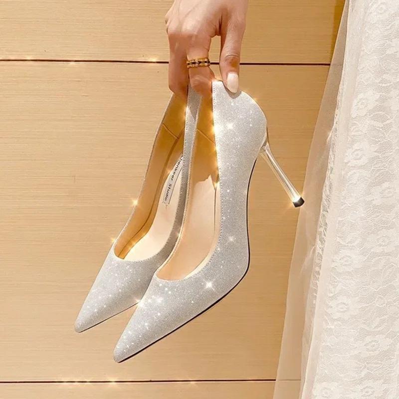 Women Silver Bling High Heel Pumps Women  New Fashion Slip-On Party Shoes Ladies Pointed Toe Shallow Thin Heel Wedding Shoes