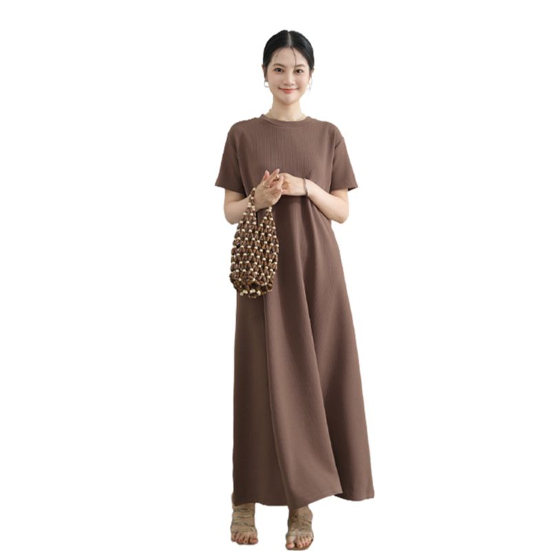 Plus Size Slimming Short Sleeve Dress Round Neck Over the Knee Temperament Long Dress Loose Idle Style Big Hemline Belly Covering Casual Skirts