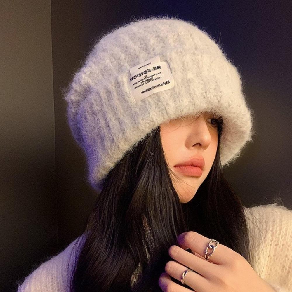 

Casual Solid Color Winter Beanie Ear Protection Letter Label Pullover Hat Knitting Keep Warm Warm Hat Women s Fashion сірий