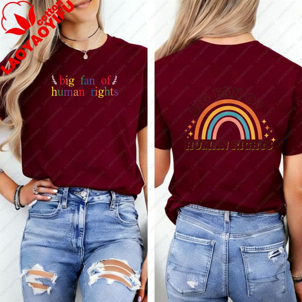Big Fan of HuUnisex Rights Graphic TShirt Retro Rainbow Print On Front Back Crew Neck Short Sleeve Tee for Unisex Unisex Tops