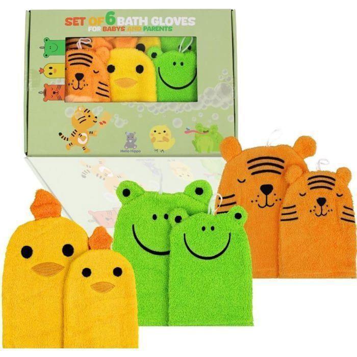 Hello Hippo® Lot de 6 Gants de Toilette Bébé & Enfant - Gants Douche Coton – Tigre, Grenouille, Poussin