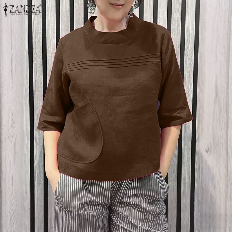 ZANZEA Lässige Bluse mit Rundhalsausschnitt und 3/4-Ärmeln für Damen