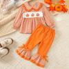 Kleinkind Mädchen Halloween Kürbis Stickerei Langarm Rundhals Pullover Sweatshirt und Elastische Taille Ausgestellte Hose Set