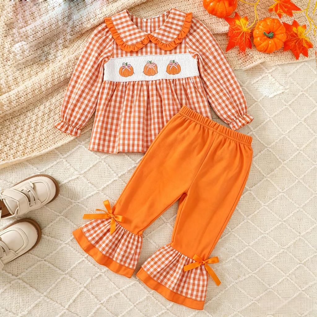 Kleinkind Mädchen Halloween Kürbis Stickerei Langarm Rundhals Pullover Sweatshirt und Elastische Taille Ausgestellte Hose Set