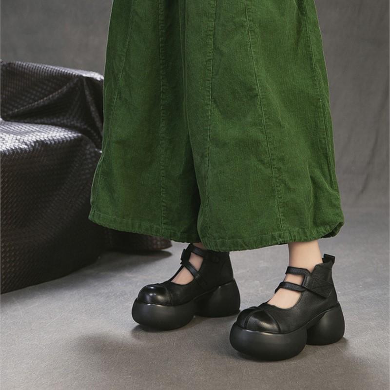 Johnature Skórzane Retro Czółenka na Grubej Platformie z Obcasem Okrągły Nosek Zapięcie na Rzepy Damskie Buty Platformowe