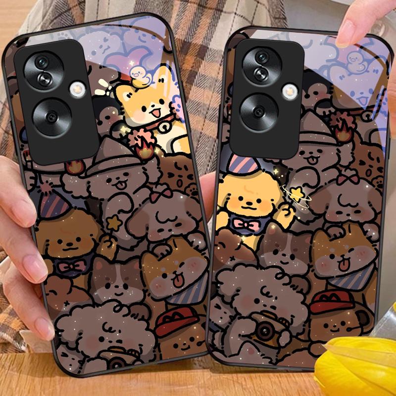 Glowing Kitten For Oppo A79 5G 58 78 74 60 4G Reno 11F Realme GT 6 11 Note 50 10 C55 X2 Tempered Glass Black Phone Case