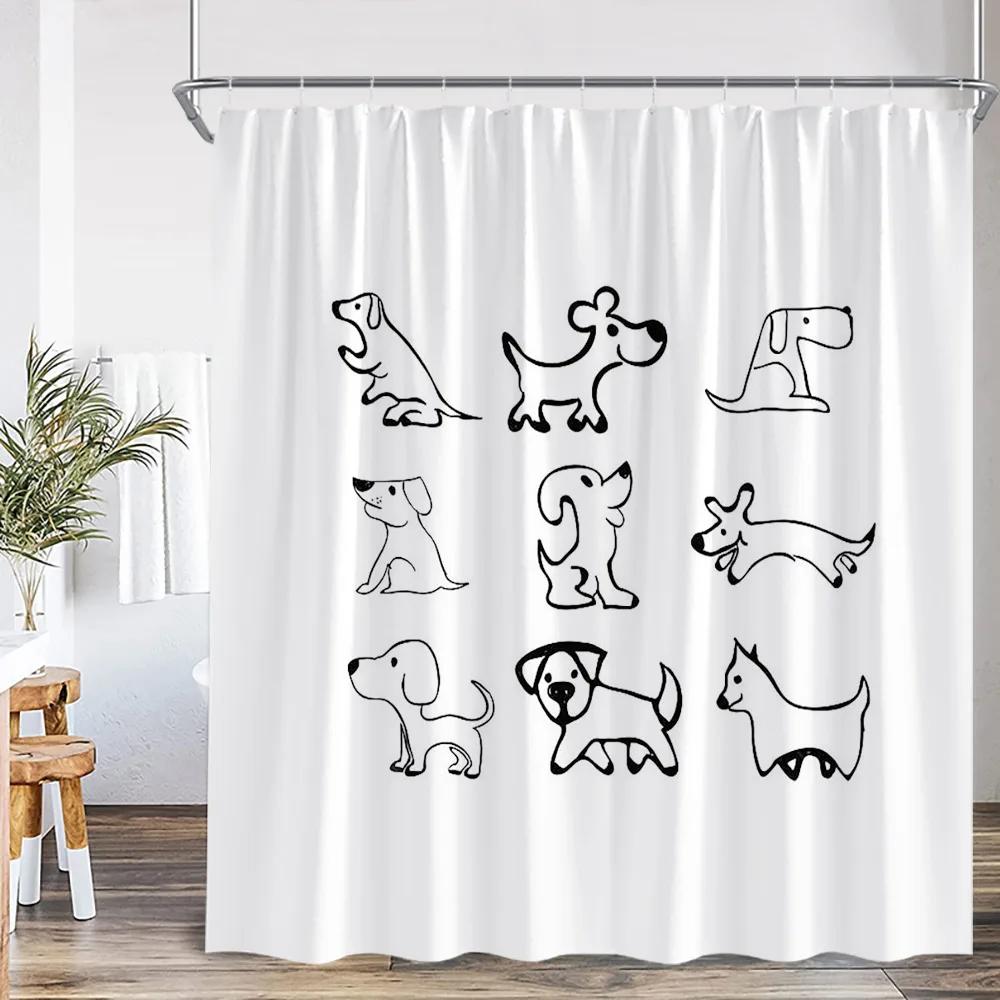 Black White Abstract Simple Line Shower Curtain Dog Pupple Nordic Minimalist Bathroom Decor Modern Polyester Bath Curtain Screen
