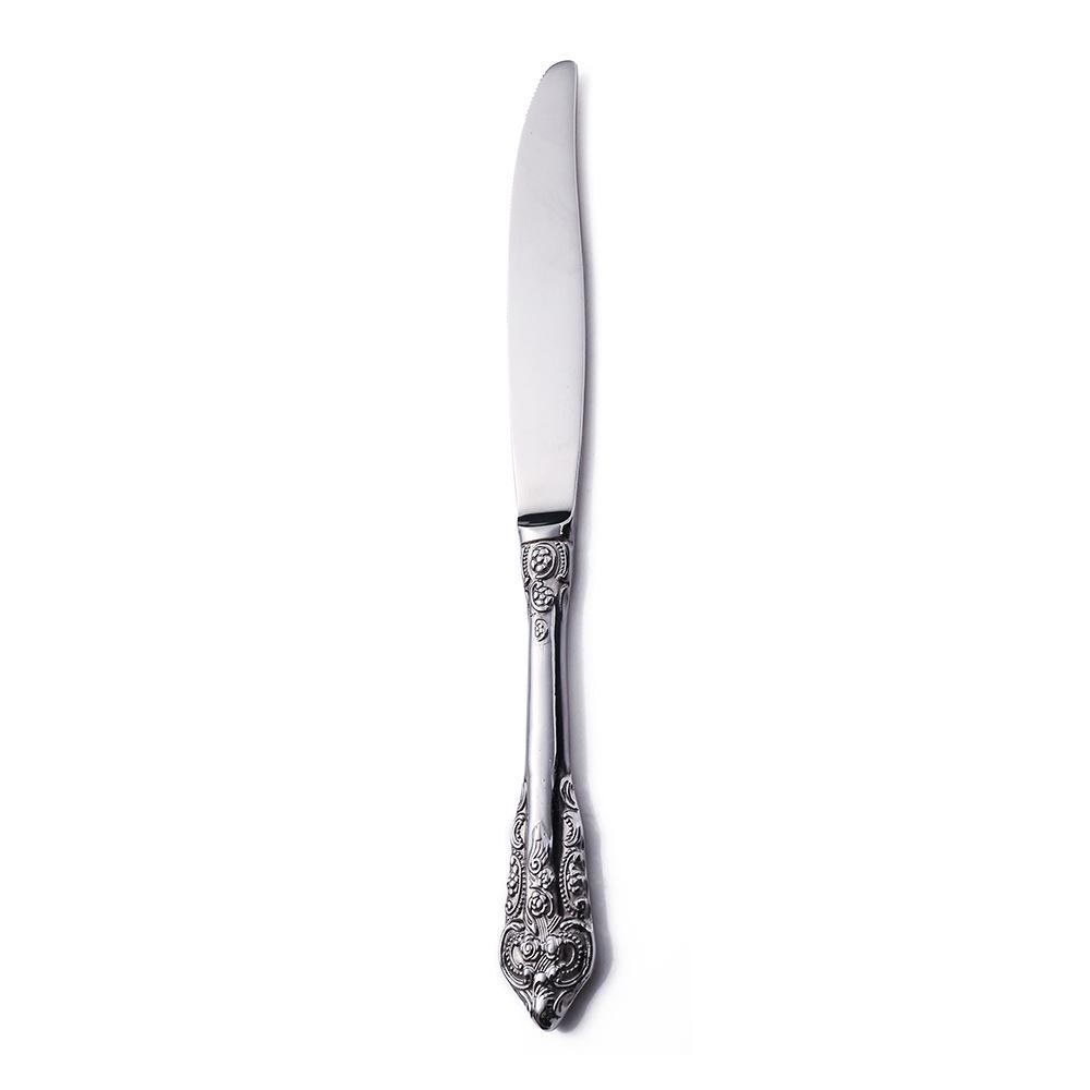 Vintage Embossed Stainless Steel Cutlery Set: European Knife, Fork, Spoon, and Bistro Steak Knife