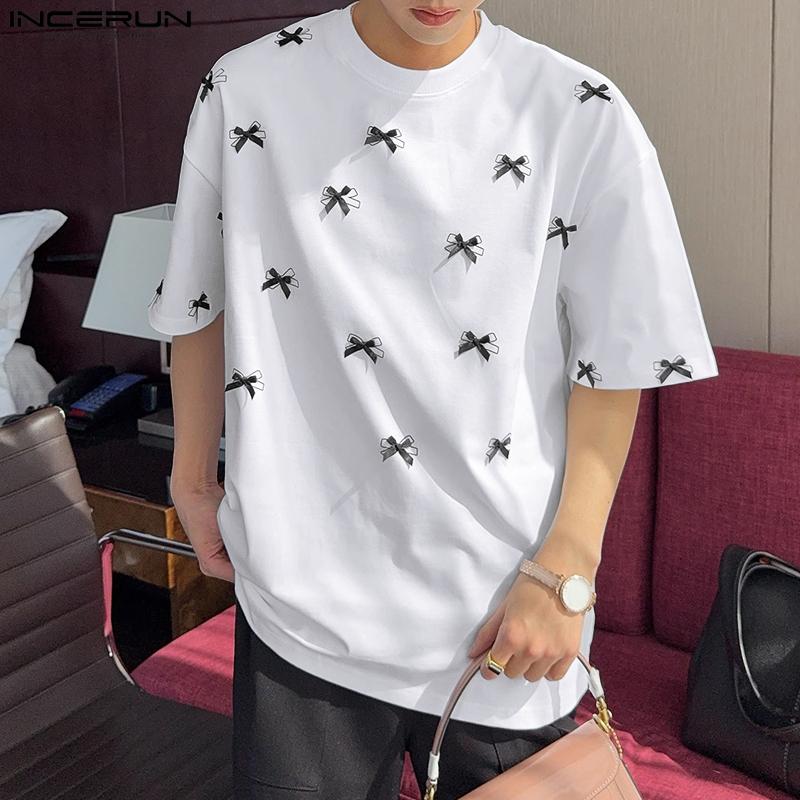 

INCERUN Summer Men Round Neck Short Sleeve Print Bow Knot Casual T-shirts Tee S чорний
