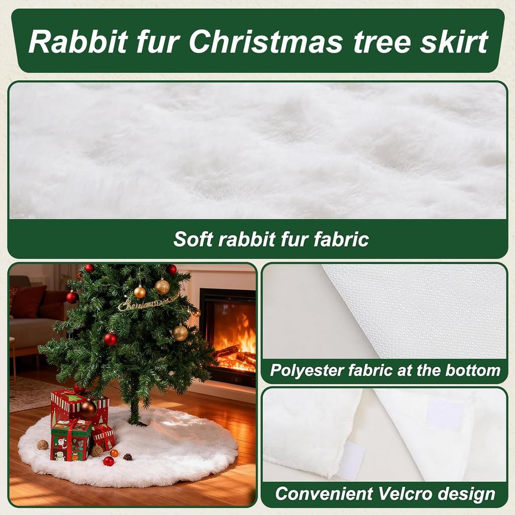48 Inch Rabbit Fur Christmas Tree Skirt White Plush Skirt for Merry Christmas Party Christmas Tree Decoration