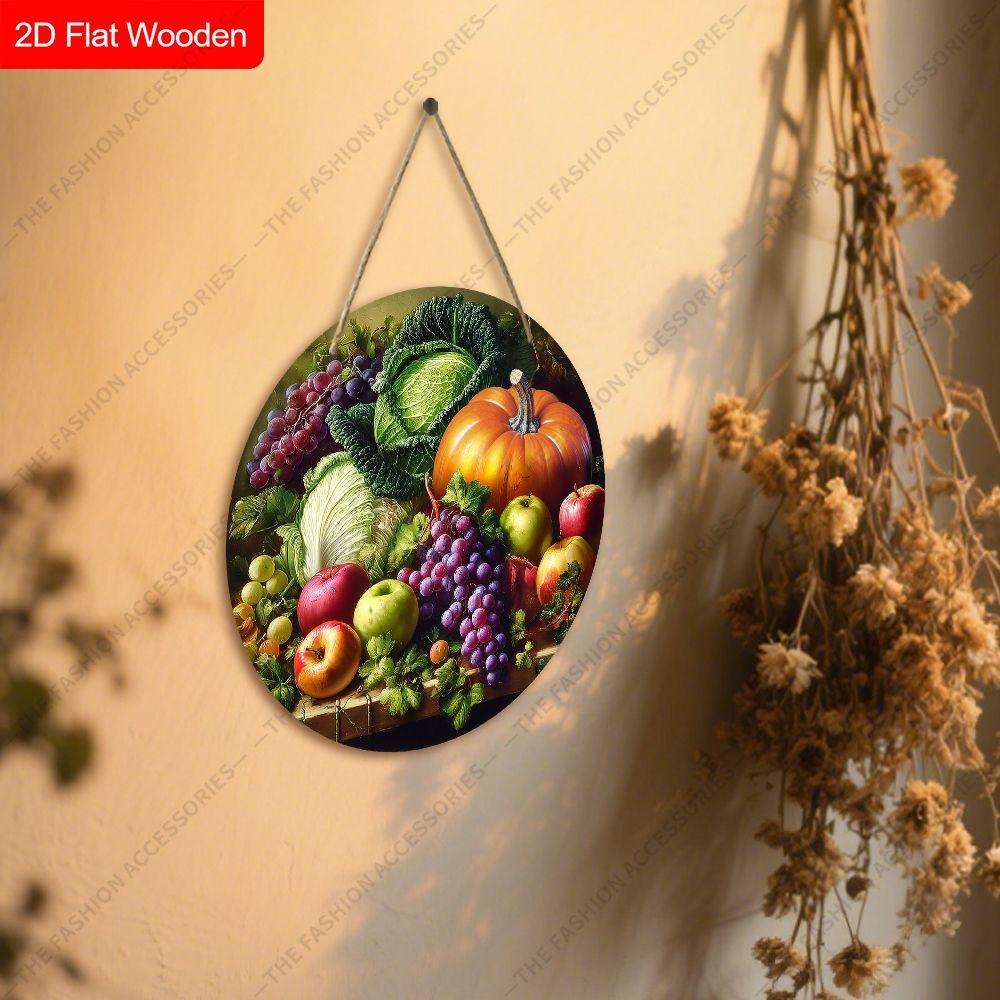 Autumn Fruit Vegetable Harvest Round Wooden Hanging Sign, 2D Flat Printed Farmhouse Wall Decor, Kitchen Door Hanging Ornament Gift