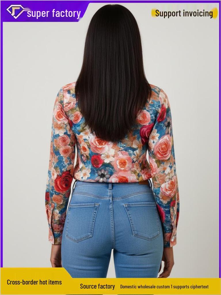 2026 Retro Floral 90s Hong Kong Style Women's Red Long Sleeve Shirt