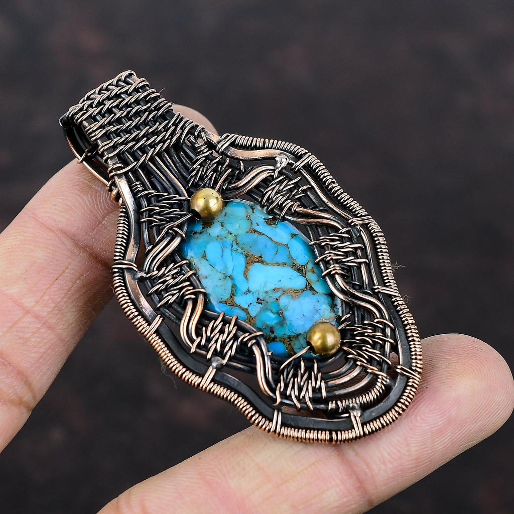 Copper Blue Turquoise Pendant Copper Wire Wrapped Pendant Gemstone Copper Jewelry Brand New Pendant Handmade Turquoise Jewelry Gift For Him