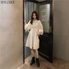 HOUZHOU Hvit skjortekjole Dame Langermet koreansk Klassisk Basic Chic Elegant Svart Midikjole med høy midje