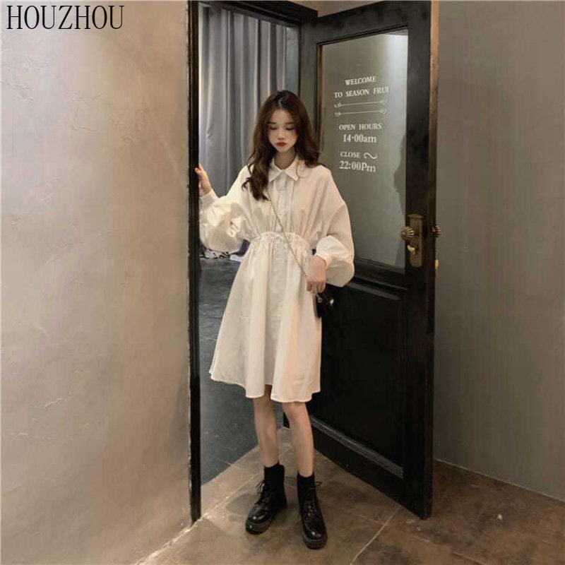 HOUZHOU Hvit skjortekjole Dame Langermet koreansk Klassisk Basic Chic Elegant Svart Midikjole med høy midje
