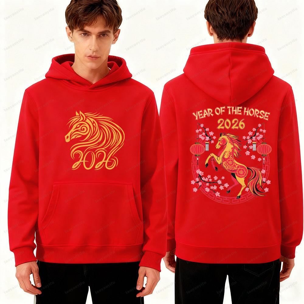 Men Double-Sided Hoodie 2026 Chinese New Year Fire Horse Pattern Sweatshirt Streetwear Clothing for Men Year of the Horse Them