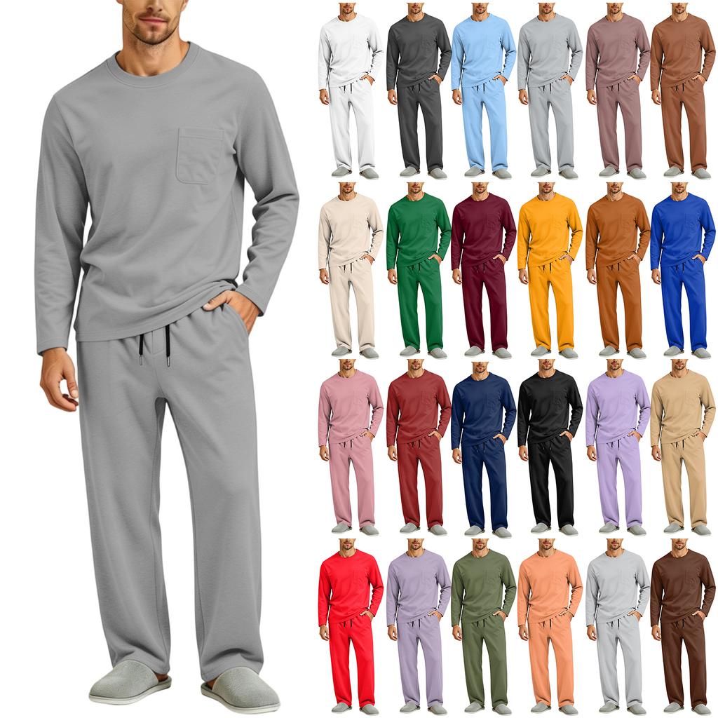Men's Long Sleeve Pajama Set with Button Fly and Elastic Drawstring Waist for Sleep and