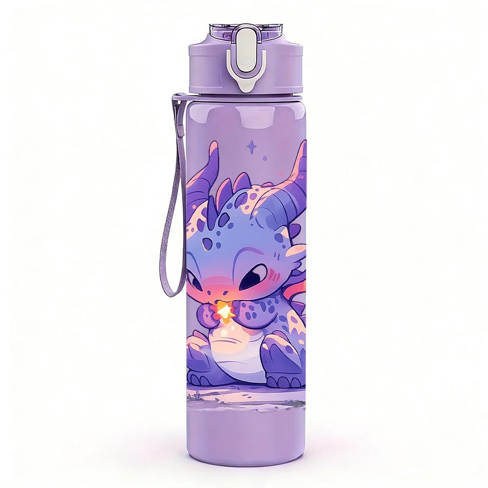 1PC Purple Baby Dragon Fantasy Print 750ml Color Plastic Sports Water Bottle Leakproof Flip Straw Lid Suitable for Sports Office Home Use