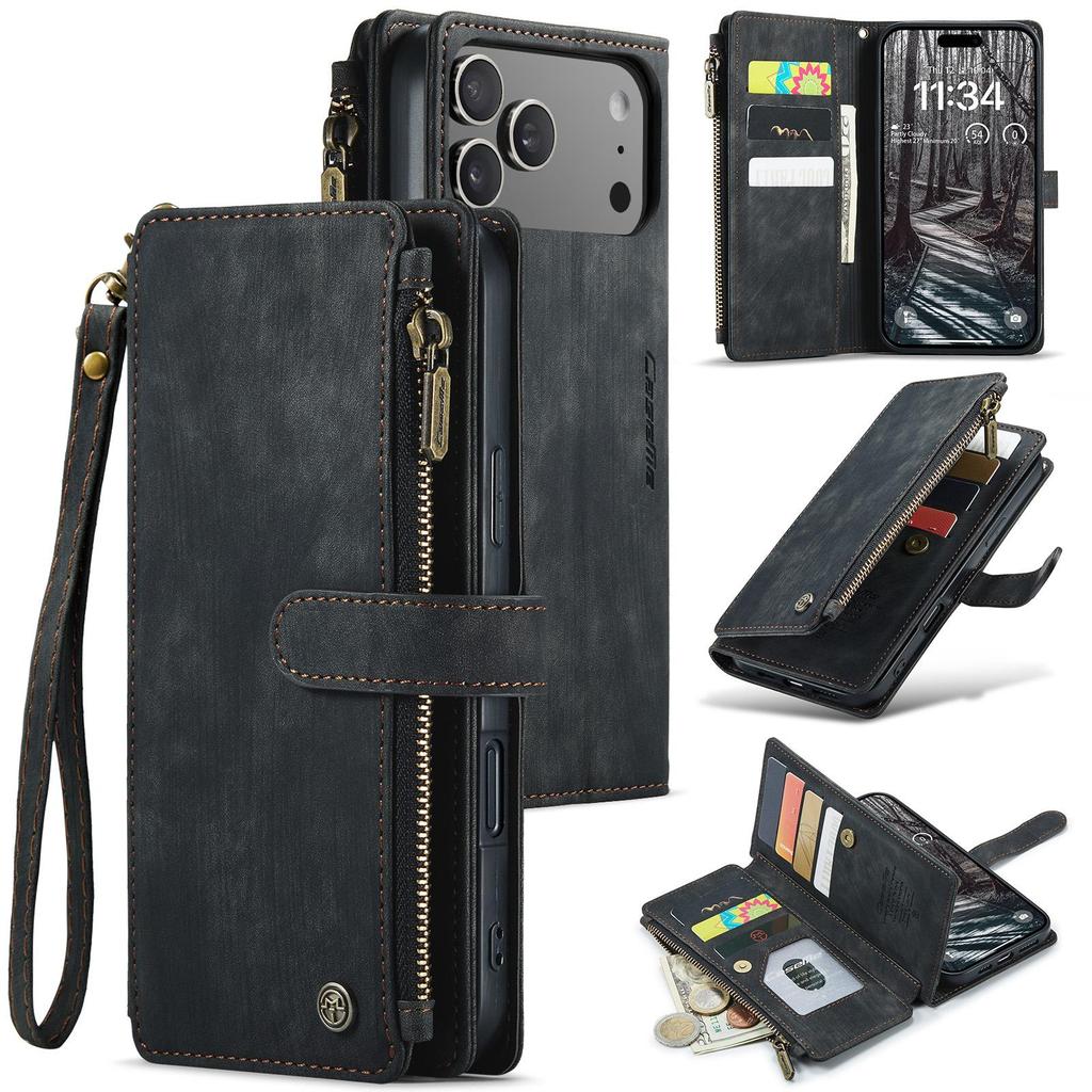 CaseMe-C30 Luksusowe Premium Etui Portfel ze Skóry PU Dla iPhone17 16 15 14 13 Pro Max Wielofunkcyjne Etui z Zamkiem Błyskawicznym na Karty Osłony Ochronne Skórki+Pasek