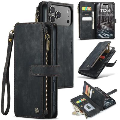 CaseMe-C30 Luxury Premium PU Leather Wallet Case For iPhone17 16 15 14 13 Pro Max Multi-functional Zipper Card Holder Cover Protectives Skins+Strap