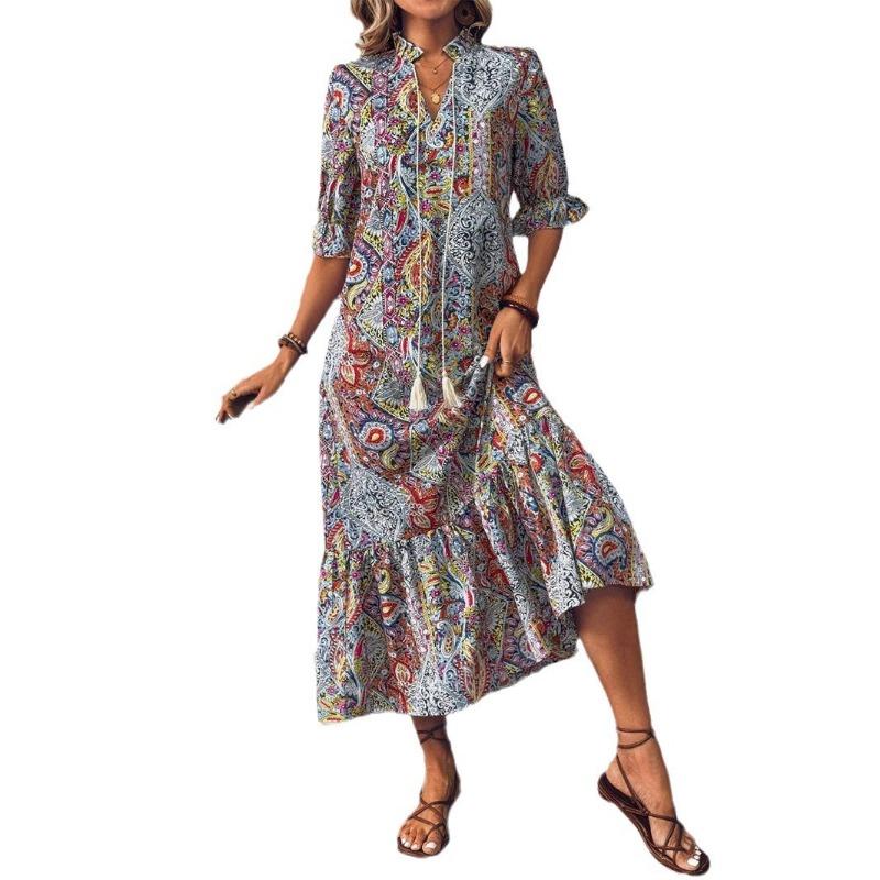 Women's Comfortable Casual Dress Women's Printed V-neck Ruffled Dress